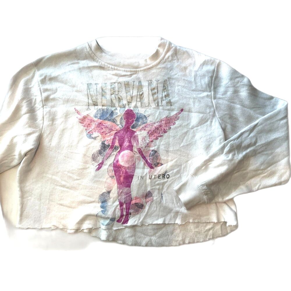 Vintage Nirvana In Utero Raw Hem Cropped Cotton Blend Sweatshirt SIZE L